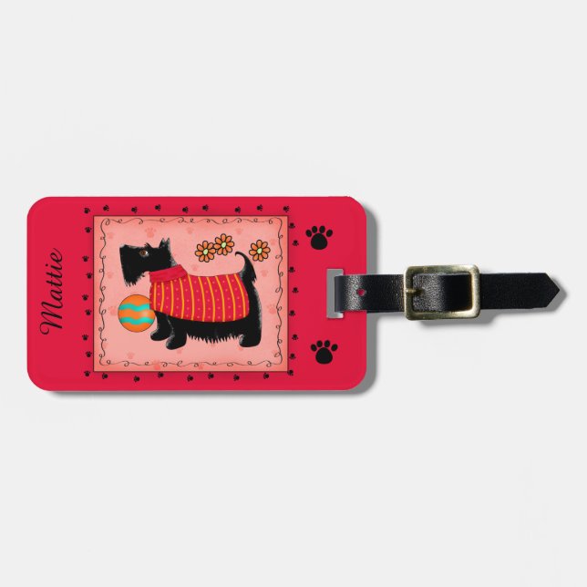 Black Scottie Terrier Dog Name Personalisiert Red Gepäckanhänger (Vorderseite horizontal)