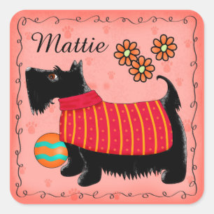 Black Scottie Terrier Dog Name Personalisiert Red Quadratischer Aufkleber