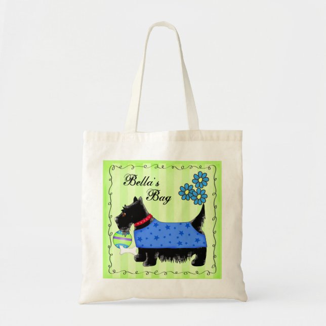 Black Scottie Terrier Dog Personalisiert Green Tragetasche (Vorne)