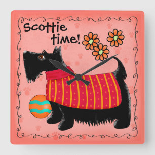 Black Scottie Time Dog Personalisiert Red Orange Quadratische Wanduhr