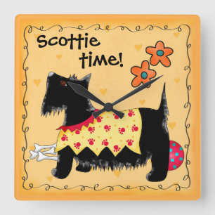 Black Scottie Time Terrier Dog Personalisiert gelb Quadratische Wanduhr