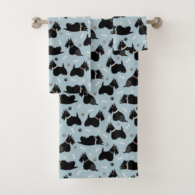 Black Scottish Terrier Paws and Bones Badhandtuch Set (Insitu)