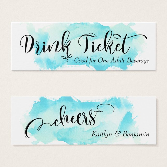 Black Script & Aqua Watercolor Getränke Tickets (Vorne & Hinten)