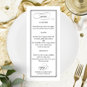 Black Script Elegant 4x9 Hochzeitsmenü Menükarte