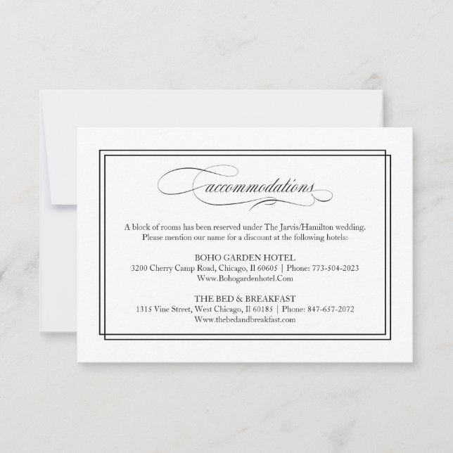 Black Script Elegant Hochzeitsunterkünfte RSVP Karte (Vorderseite)