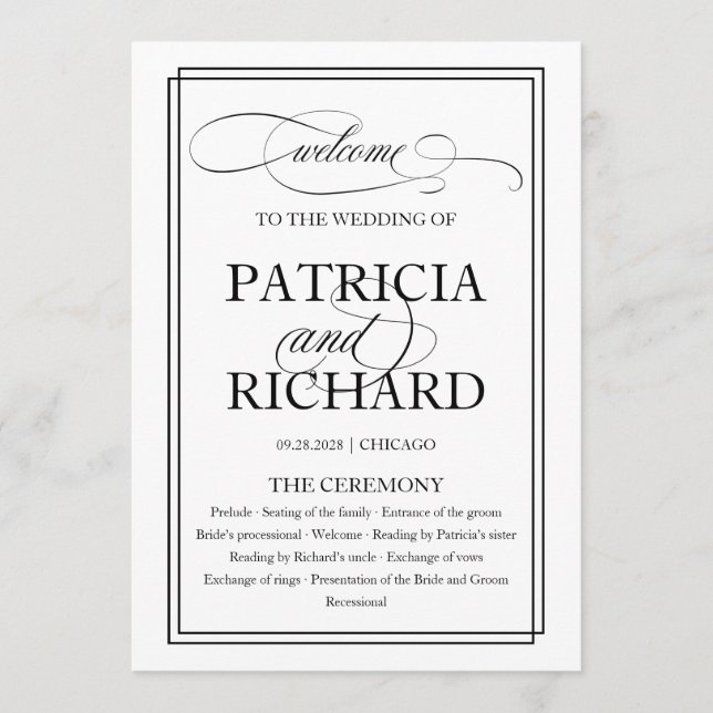 Black Script Elegant Wedding Zeremony Program Programm (Vorderseite)