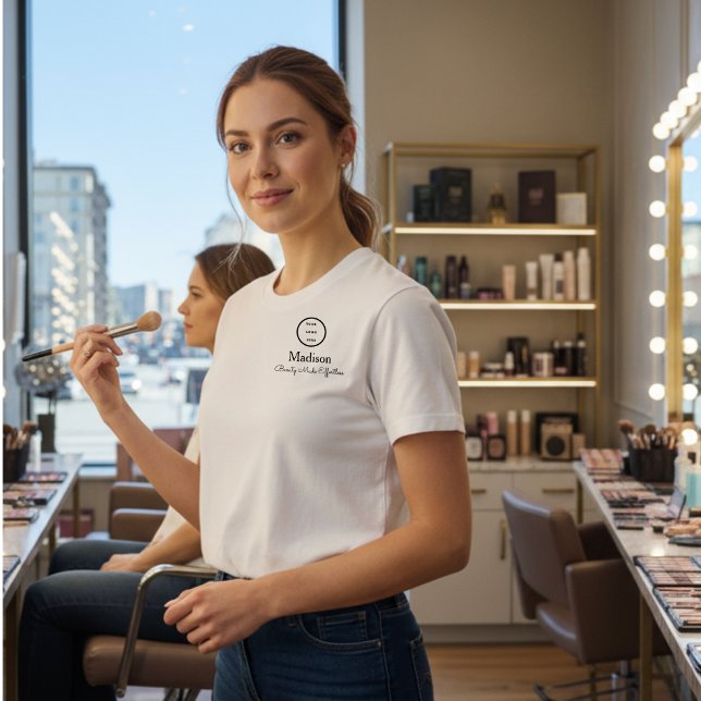 Black Script Employee Name Business Logo Makeup T-Shirt (Von Creator hochgeladen)