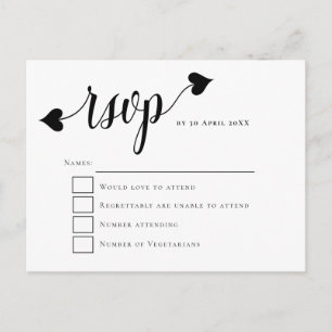 Black Script Heart Swash Wedding RSVP Postkarte