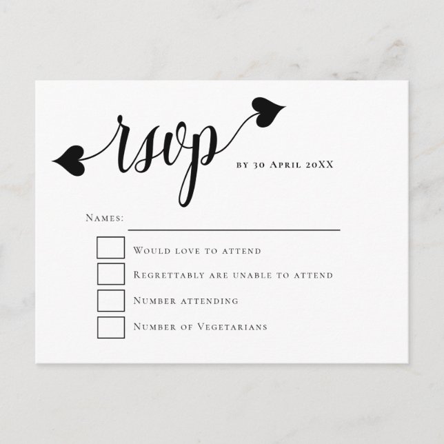 Black Script Heart Swash Wedding RSVP Postkarte (Vorderseite)