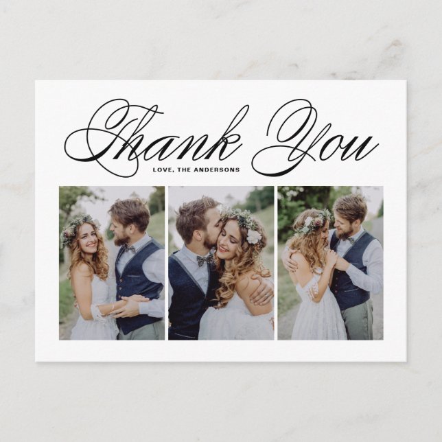 Black Script Three Foto Collage Wedding Vielen Dan Postkarte (Vorderseite)