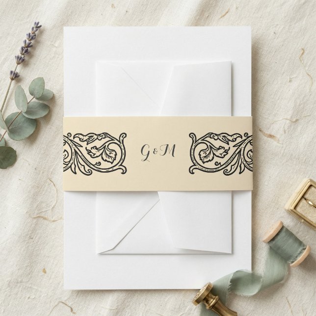 Black Scroll Monogrammed Elegant Invitation  Einladungsbanderole (Von Creator hochgeladen)