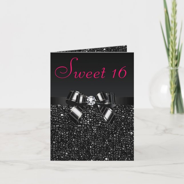 Black Sequins, Bow & Diamond Sweet 16 Einladung (Vorderseite)