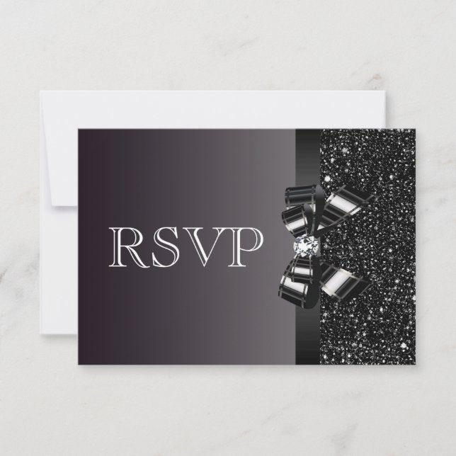 Black Sequins, Bow & Diamond UAWG Wedding RSVP Karte (Vorderseite)