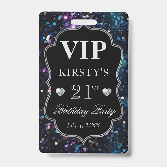 Black Sequins Glitzer Vintag Frame Birthday VIP Ausweis (Vorderseite)
