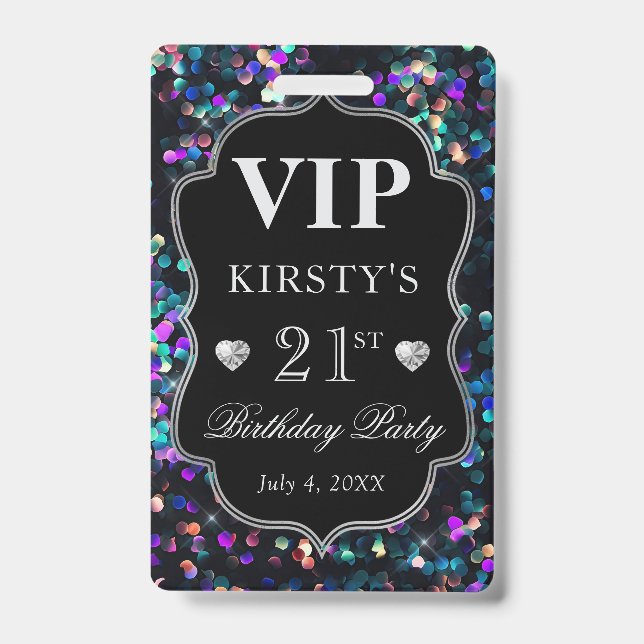 Black Sequins Glitzer Vintag Frame Birthday VIP Ausweis (Vorderseite)