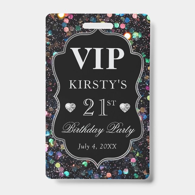 Black Sequins Glitzer Vintag Frame Birthday VIP Ausweis (Vorderseite)