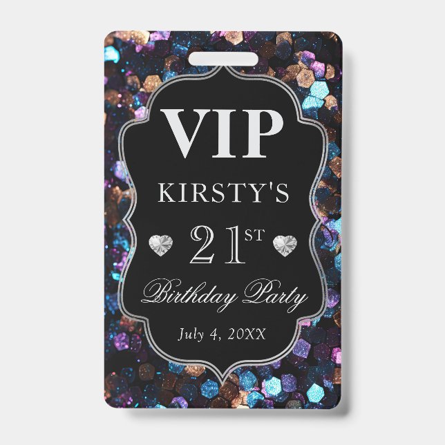 Black Sequins Glitzer Vintag Frame Birthday VIP Ausweis (Vorderseite)