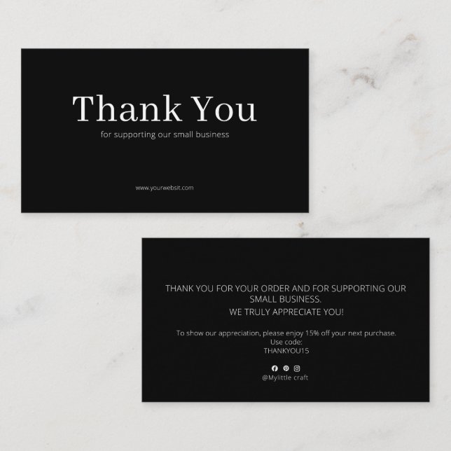 Black Serif Thank You Card Discount Code Business Visitenkarte (Vorne/Hinten)