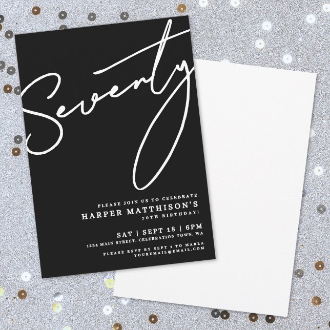Black Seventy 70. Geburtstagsfeier Einladung (Black Minimalist Seventy 70th Birthday Party Invitation)