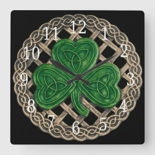 Black Shamrock And Celtic Knots Square Clock Quadratische Wanduhr