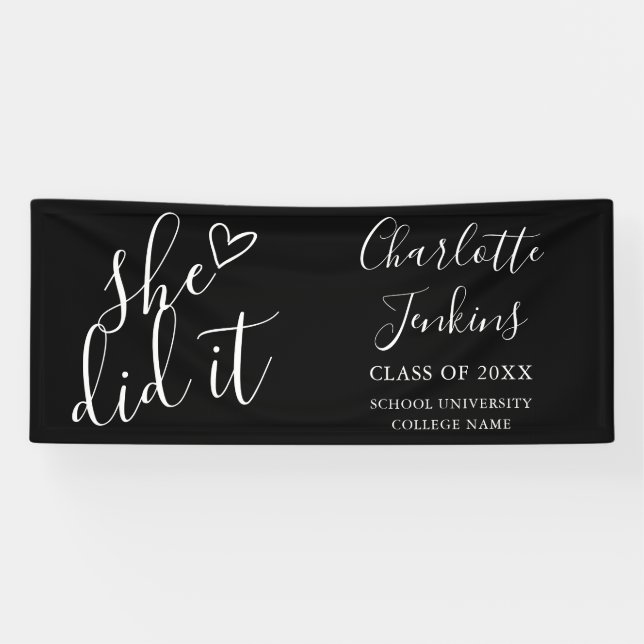 Black She has It Script Heart Graduation Party Banner (Horizontal)