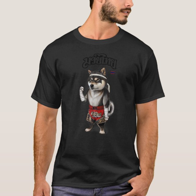 Black Shiba Dog As Muay Thai Kick Boxing Champion T-Shirt (Vorderseite)