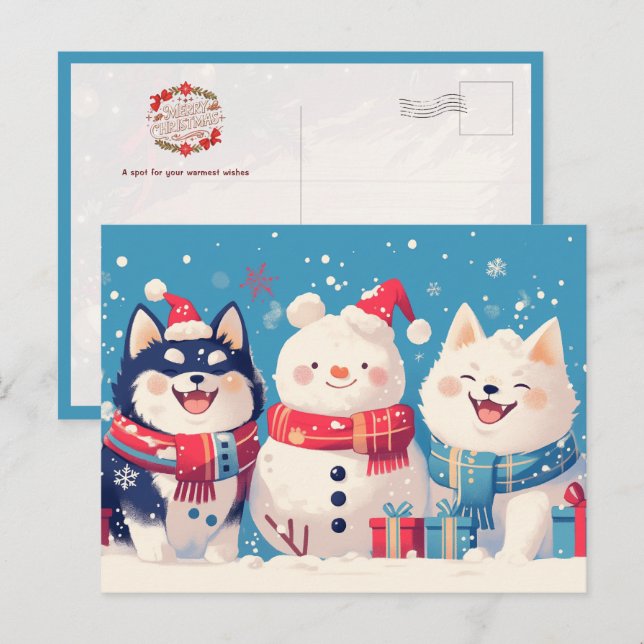 Black Shiba Inu and Samoyed dog with Snowman Postkarte (Vorne/Hinten)