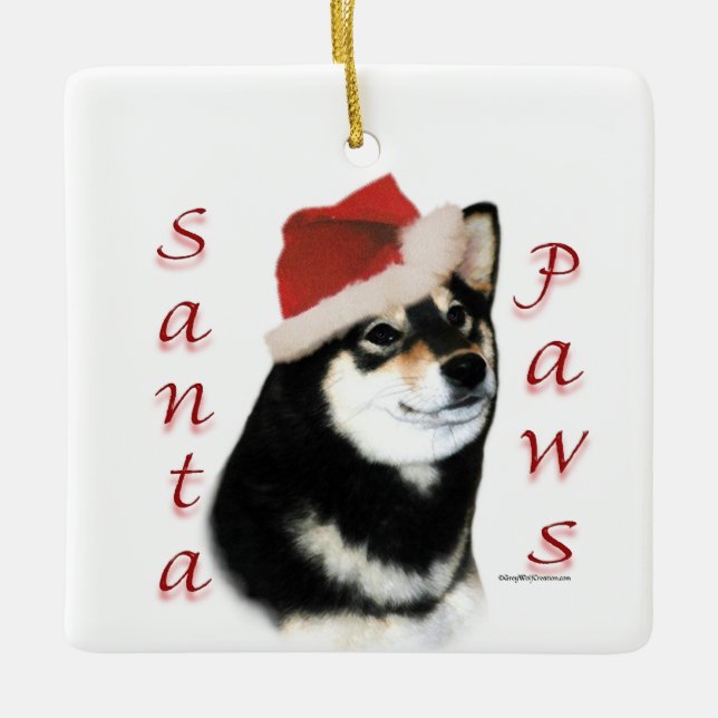 Black Shiba Inu Santa Paws Schlüsselanhänger Keramikornament (Vorderseite)