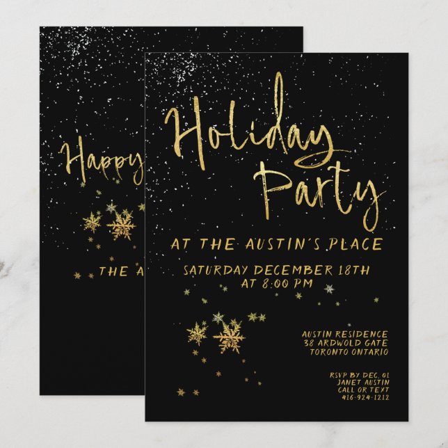 Black Shimmering Gold Calligraphy Holiday Party Einladung (Vorne/Hinten)