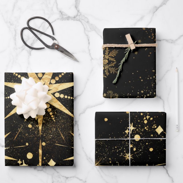 Black & Shimmering Gold Sternexplosionen & Stardus Geschenkpapier Set (Vorderseite)