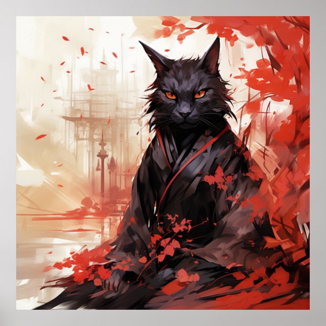 Black Shinobi Cat Meditation Japanische Kunst Anim Poster (Vorne)
