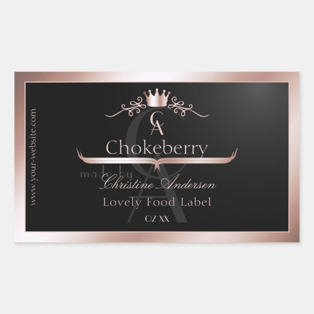 Black Shiny Product Label Rose Gold Frame Monogram Rechteckiger Aufkleber (Vorderseite)