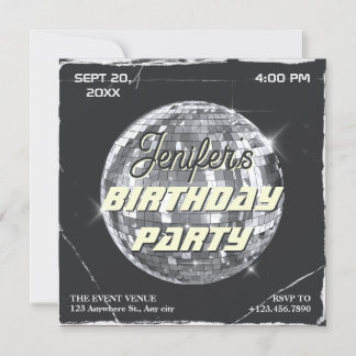 Black Silber Disco Party Ball Grunge Geburtstag Einladung