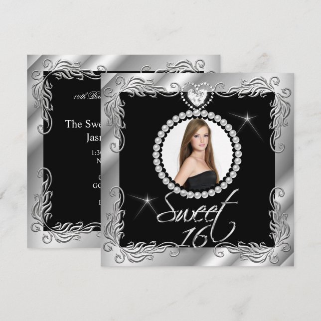 Black Silver 16 . Geburtstag Sweet 16 Foto Einladung (Vorne/Hinten)