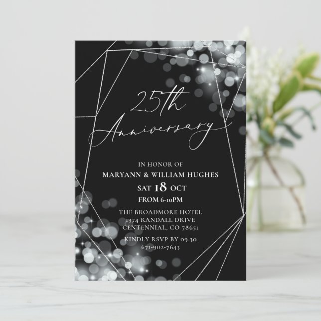 Black & Silver 25. Hochzeitstag Einladung (Stehend Vorderseite)