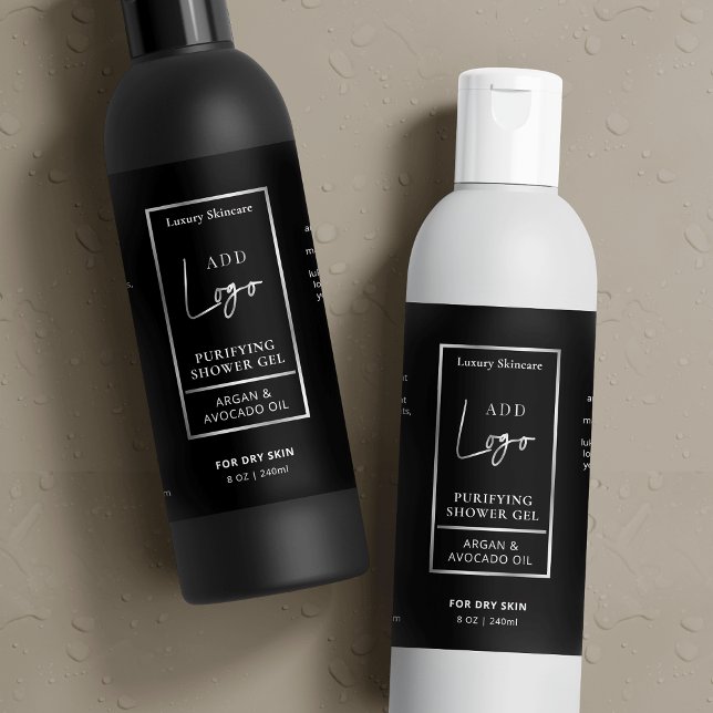 Black Silver 8 OZ Cosmetic Flasche Waterproof Labe (Black and silver logo skincare product labels with ingredients and faux chrome effectcts)