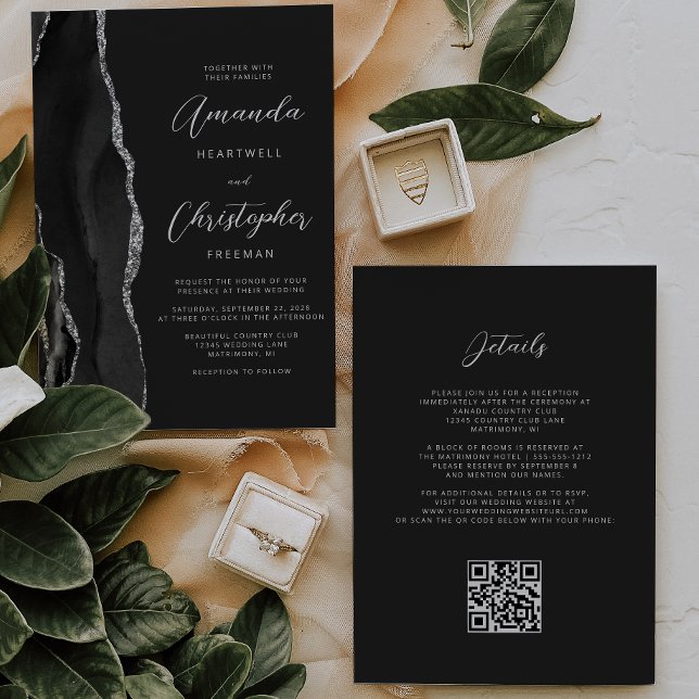 Black Silver Agate Dark QR Code Hochzeit Einladung (Von Creator hochgeladen)