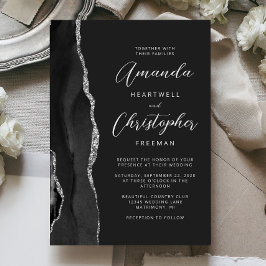 Black Silver Agate Moderne Skripthochzeit Einladung