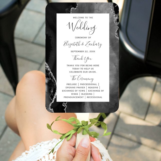 Black Silver Agate Wedding Program Fächer (Von Creator hochgeladen)