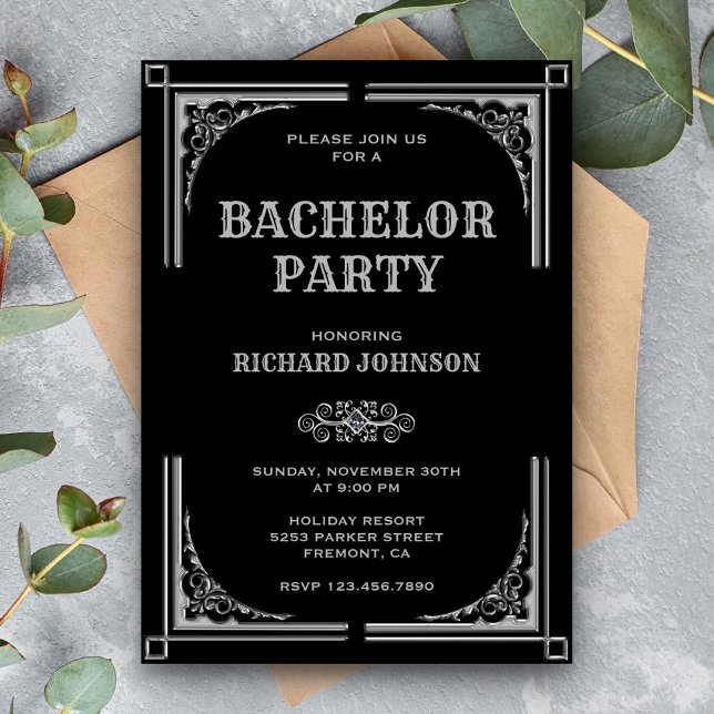 Black Silver Art Deco Bachelor Party Einladung (Von Creator hochgeladen)