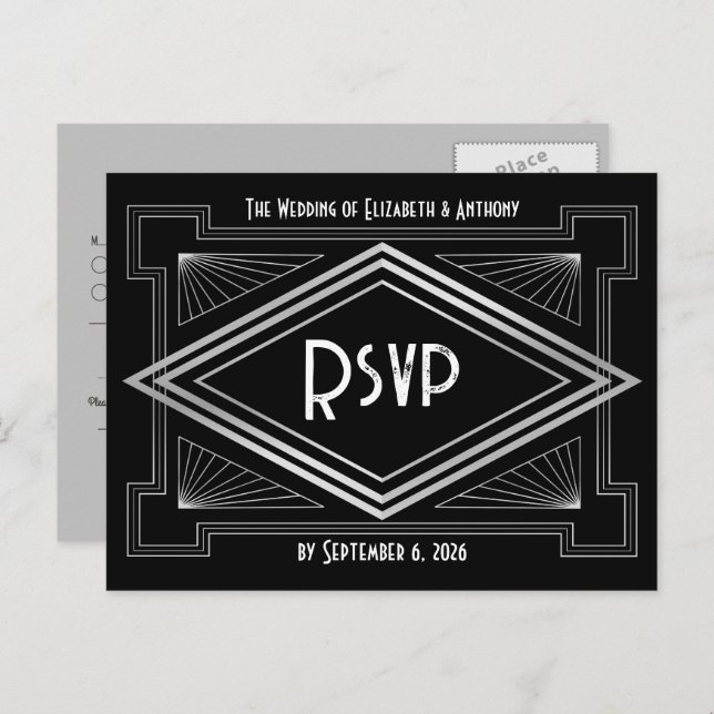 Black & Silver Art Deco Gatsby-Inspired Wedding Postkarte (Vorne/Hinten)