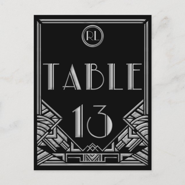Black Silver Art Deco Gatsby Style Tischnummer 13 (Vorderseite)