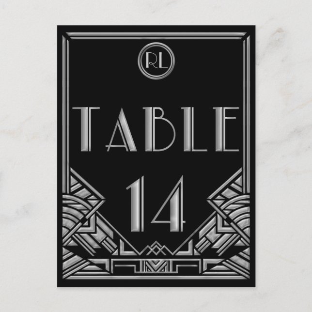 Black Silver Art Deco Gatsby Style Tischnummer 14 (Vorderseite)