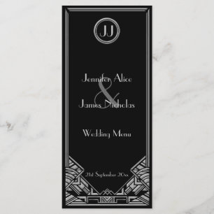 Black Silver Art Deco Gatsby Style Wedding Menü Menükarte