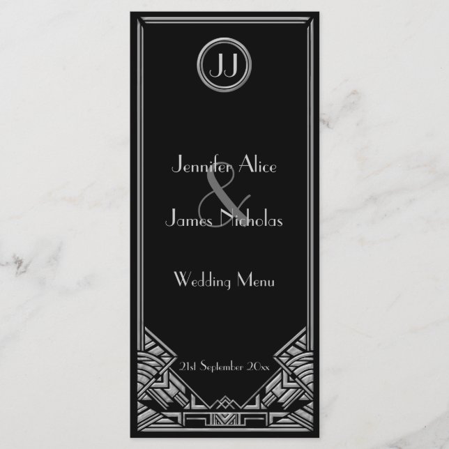 Black Silver Art Deco Gatsby Style Wedding Menü Menükarte (Vorderseite)