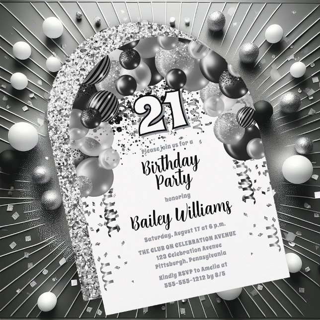 Black Silver Balloons 21. Geburtstag Party Einladung (Black | Silver Balloons "21" 21st Birthday Party Invitations - Print and/or Download Available)