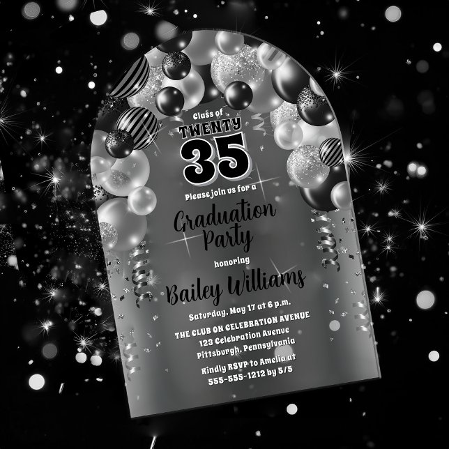 Black Silver Balloons Graduation Party Acryleinladungen (Black and Silver-Tone Balloons Class Year Graduation Party Acrylic Invitations)