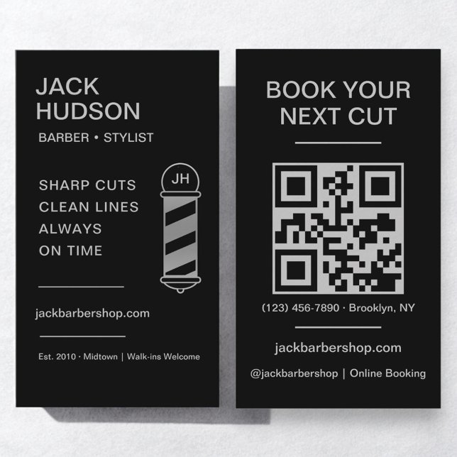 Black Silver Barbershop Friseur QR Code Visitenkarte (Von Creator hochgeladen)