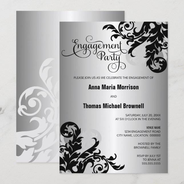 Black Silver Blüh Engagement Party Einladung (Vorne/Hinten)