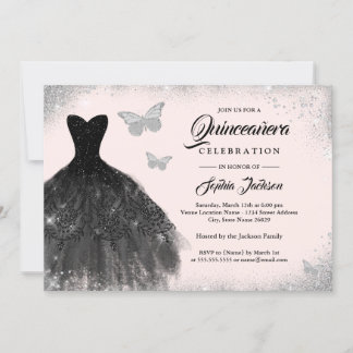 Black Silver Blush Dress Butterfly Quinceanera Einladung